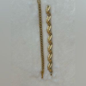 2 vintage gold bracelets. Trifari & Monet. Leaf design and chain link design